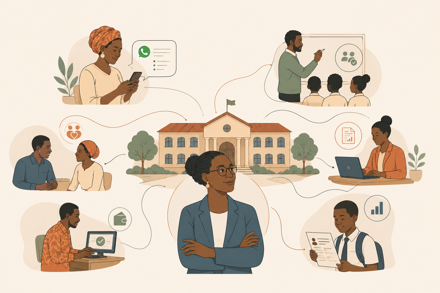 A school director, parents on WhatsApp, a teacher with students, a finance officer, and a pupil with a report — everyone ongooo serves